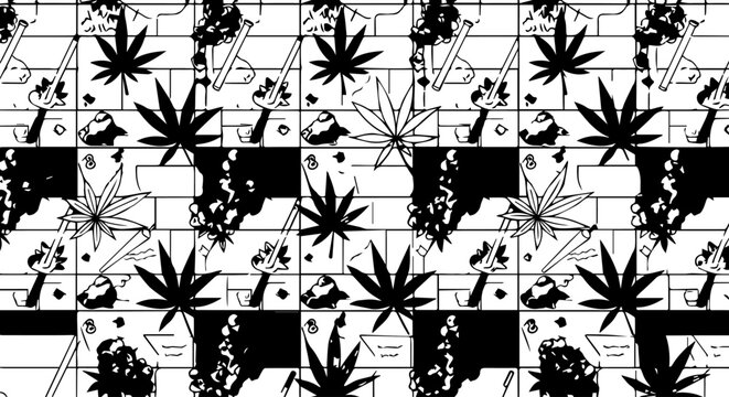 Black and White Cannabis Leaf Pattern with Detailed Veins and Texture.