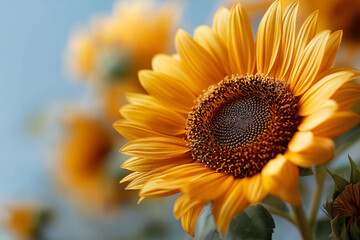 Obraz premium Vibrant sunflower blooms with golden petals and rich brown center, showcasing natural beauty in a soft-focus background, perfect for floral design and nature themes