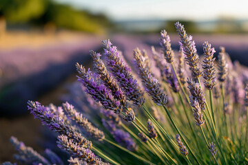 Fototapeta premium Lavender flowers in full bloom, showcasing vibrant purple hues and delicate petals, surrounded by lush green foliage in a serene outdoor setting, evoking tranquility and natural beauty