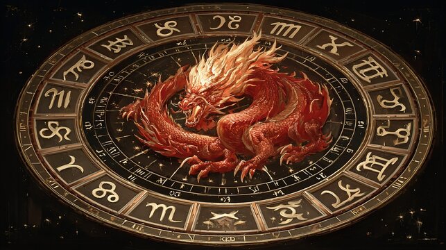 Fiery Zodiac Dragon: A mystical representation of astrology and oriental mythology art