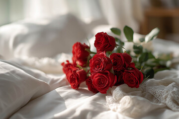 Fototapeta premium Vibrant bouquet of red roses elegantly arranged on soft white bedding, creating a romantic atmosphere perfect for special occasions and intimate moments of love and affection