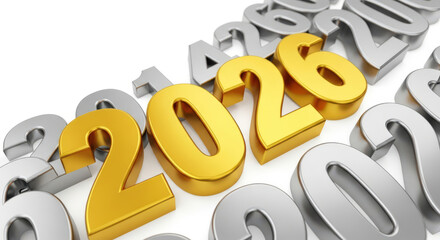 2026 New Year Future Celebration Metallic Number Graphic Design Symbol Golden Silver 3D Rendering Abstract Conceptual Background
