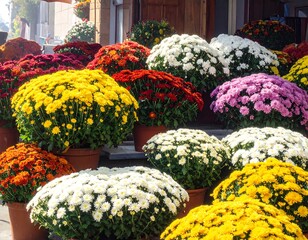 Colorful Chrysanthemum Display in Pots.