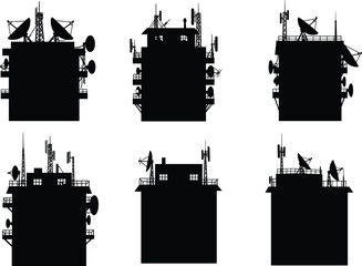 Building rooftop silhouette with antennas, satellite dishes, communication towers, broadcasting equipment, urban telecommunication infrastructure, 