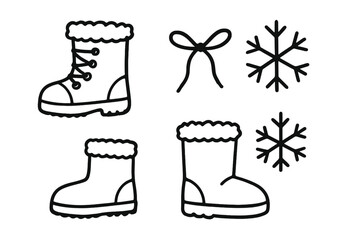 Winter Boots Doodle Icons. Winter boots doodle icon set: hand drawn icons of snow boots, laces, fur trim, and snowflakes. isolated