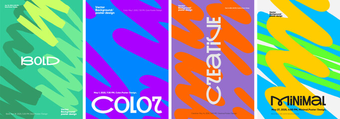 A vibrant collection of four abstract vector poster designs, each featuring bold colors and dynamic shapes. The designs emphasize creativity and modern aesthetics
