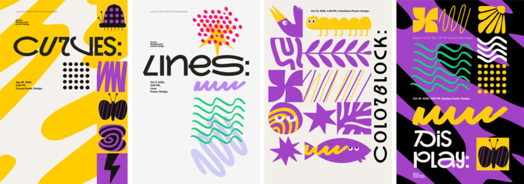 A vibrant collection of four abstract poster designs featuring bold colors and geometric shapes. Each poster showcases unique themes such as curves, lines, color blocks, and display elements