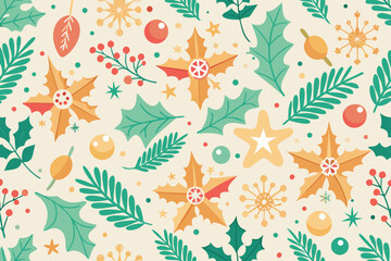 Festive seamless christmas background pattern with falling snow and festive colors