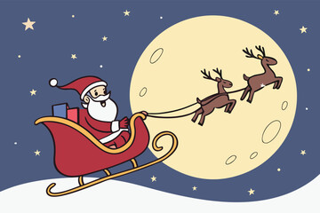 Santa claus riding his sleigh through a starry night sky with a bright moon