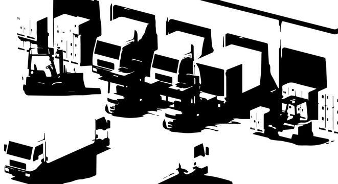 Black and White Fleet of Delivery Trucks Parked in a Row, Silhouetted.