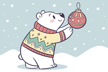 Cute polar bear in a festive christmas sweater holding a holiday ornament