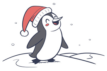 Cute penguin wearing a santa hat standing on snow festive winter illustration