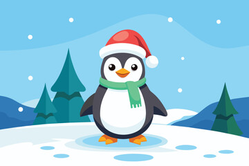 Cute penguin wearing a santa hat standing on a snowy landscape
