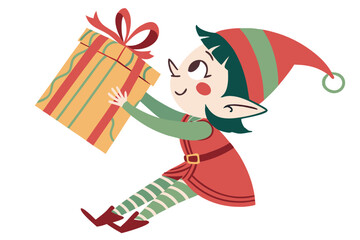 Cute elf girl in festive outfit holding a gift box for christmas celebration