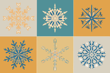 Collection of six unique snowflake illustrations for winter and holiday designs