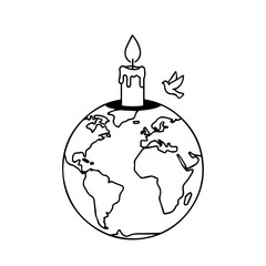 Black and White Globe with Burning Candle and Flying Dove Symbol.