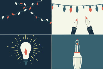 Festive string lights icon set with colorful bulbs for holiday decorations