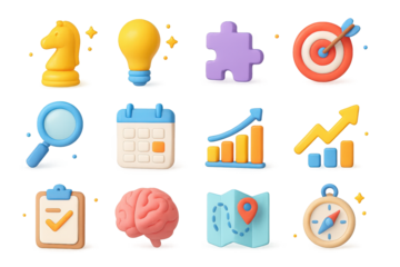 Strategic Icon Collection. Strategic Thinking. 3D icons set of Strategic Thinking: chess piece, light bulb, puzzle piece, target, magnifying glass, calendar,