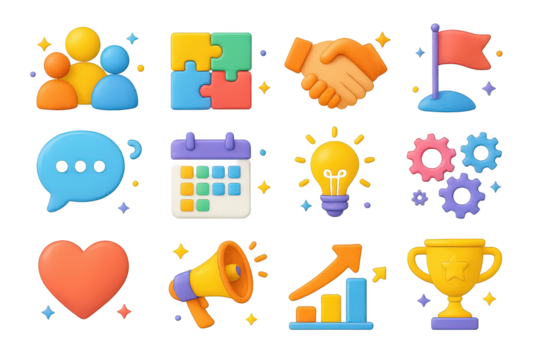 3D Teamwork Icons. Teamwork. 3D icons set of Teamwork: group of people, puzzle pieces, handshake, goal flag, speech bubble, calendar, light bulb, gears, heart, - Powered by Adobe