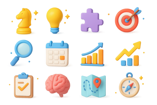 Strategic Icon Collection. Strategic Thinking. 3D icons set of Strategic Thinking: chess piece, light bulb, puzzle piece, target, magnifying glass, calendar,