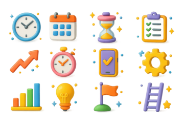 3D Time Management Icons. Time Management. 3D icons set of Time Management: clock, calendar, hourglass, checklist, clipboard, rising arrow,