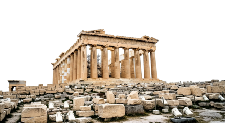 Majestic ruins of an ancient temple, its weathered columns still standing against a stark, dark sky.