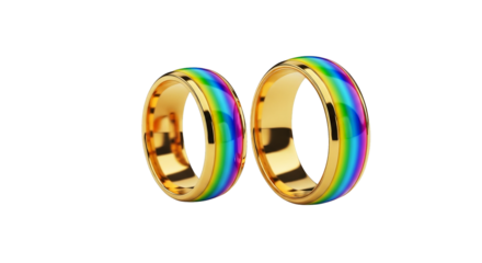 Two golden rings adorned with rainbow colors suggest commitment and diversity on a black background.