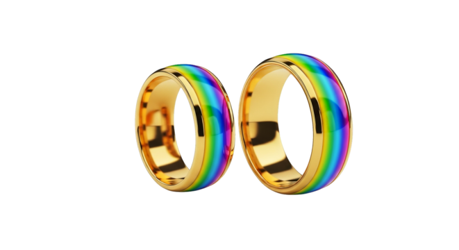 Two golden rings adorned with rainbow colors suggest commitment and diversity on a black background.