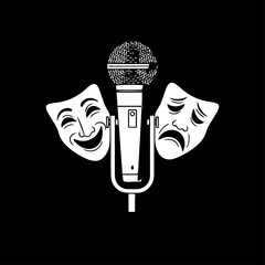 White Microphone with Comedy and Tragedy Masks on Black Background.