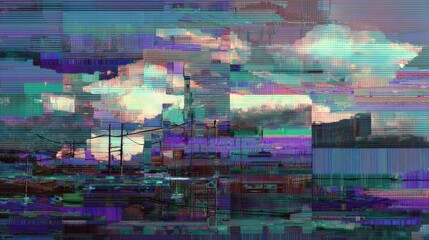 Obraz premium Glitchy Cityscape: A mesmerizing and abstract view of a city, rendered with a captivating glitch art effect, transforming urban elements into a dynamic, deconstructed visual