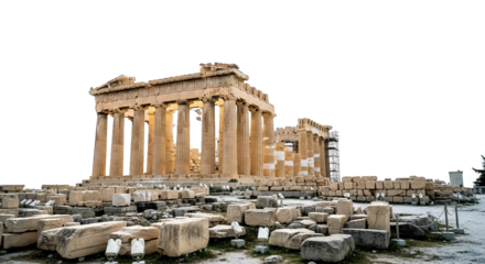 Majestic ruins showcase the Parthenon with crumbling stones and an imposing architectural structure.