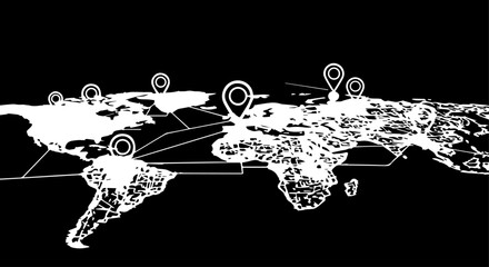 White Outline World Map with Location Markers and Connecting Lines.
