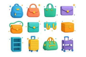 Colorful Bag Icons. Bag Organization. 3D icons set of Bag Organization: backpack, handbag, tote bag, clutch, crossbody bag, wallet, hooks, storage cube,