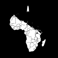 White Outlined Map of Africa with Country Borders on Black Background.