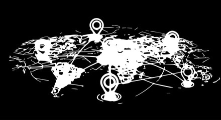 White Outlined World Map with Location Markers and Connecting Lines.
