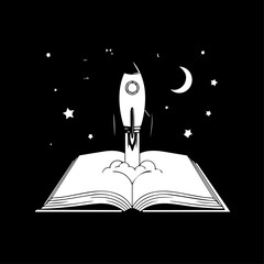 White Rocket Launching From Open Book with Stars and Crescent Moon.