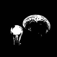 White Silhouette of a Brain and Lightbulb Representing Ideas and Innovation.