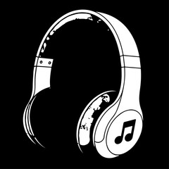 White Silhouette Headphones with Musical Note Icon, Isolated on Black Background.