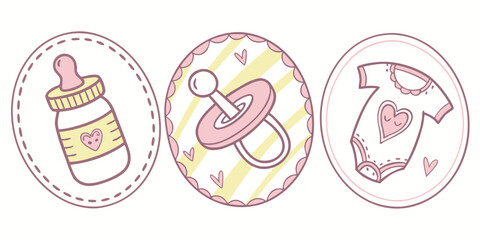 Cute pastel baby products icon set for design and illustration