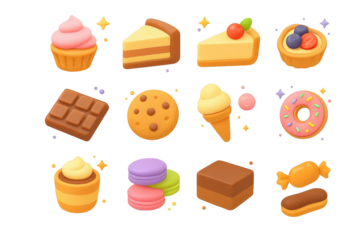 Colorful Dessert Icons. Desserts. 3D icons set of desserts: cupcake with frosting, slice of cake, cheesecake, fruit tart, chocolate bar, cookie, ice cream