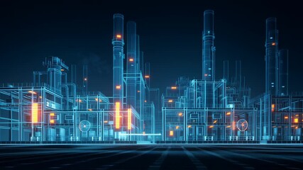 A futuristic industrial facility with glowing elements and a digital wireframe design.