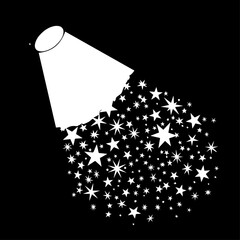 White Spotlight Projecting Numerous Sparkling Stars on Black Background.