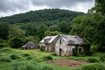 Obraz premium A small house sits in a field with a large mountain in the background