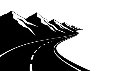 Winding Black Asphalt Road Leading Towards Snowy Mountain Peaks Silhouette.