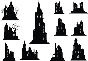 Cad drawing flat vector illustration of haunted houses silhouette, gothic spooky architecture, eerie Halloween horror theme, black white creepy night design