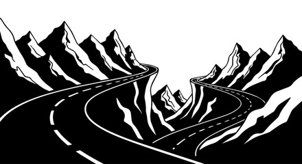 Winding Black Road Through Mountainous Landscape, Vector Illustration, Isolated Design.