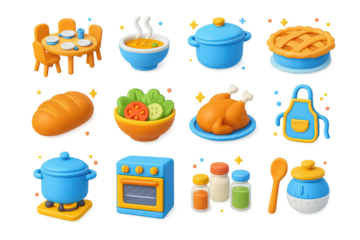 Homemade Cooking Icons. Homemade Cooking. 3D icons set of homemade cooking: family dinner table, steaming soup bowl, casserole dish, pie cooling on counter,
