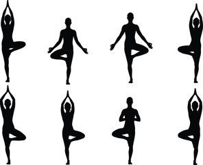 Tree pose silhouette, yoga posture, Vrksasana variation, balance exercise, meditation clipart, black figure, flexibility, calm, spiritual, peaceful, wellness, fitness, isolated