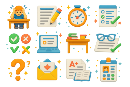 Colorful Exam Icons. Exams. 3D icons set of exams: student stressed at desk, exam paper with pencil, timer clock, multiple choice sheet, checkmarks and X
