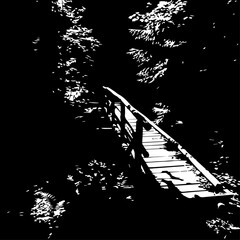 Wooden Bridge Spanning Dark Water with Handrail and Weathered Planks in Silhouette.